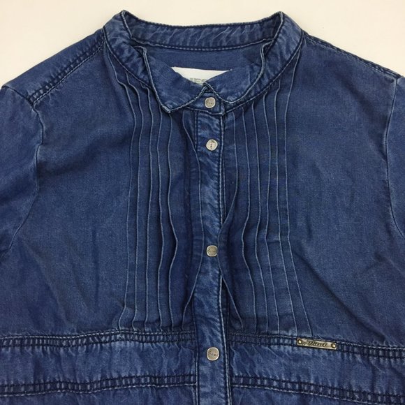 DIESEL Blue Medium Wash Chambray Logo Snap Button Belted Pleats Hi Low Hem Dress - Picture 4 of 11